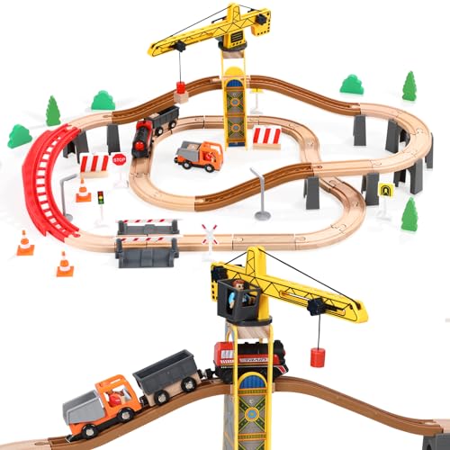 Giant bean Tower Crane Wooden Train Set 72PCS-Toy Battery Operated Train Track for Boys and Girls 3-7, Fit Thomas The Train, Brio, Melissa & Doug