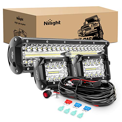 Nilight LED Light Bar Set, 12 Inch 300W Triple Row Spot Flood Combo Work Driving Lamp, 2 Pcs 4 inch 60 W with Wiring Harness for Off road ATV Boat Lighting, Year Warranty