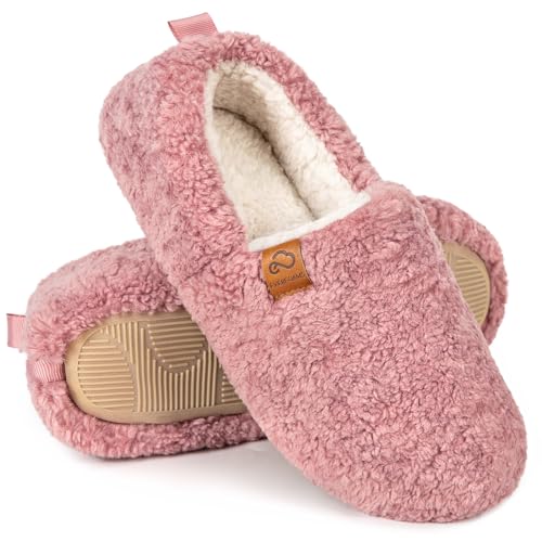 EverFoams Women's Soft Curly Comfy Full Slippers Memory Foam Lightweight House Shoes Cozy Warm Loafer with Polar Fleece Lining (Pink, Size 9-10 M US)