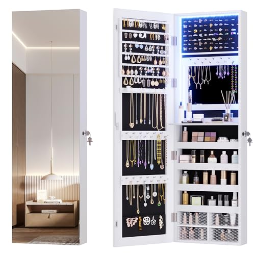 Vlsrka 47.2' LED Jewelry Mirror Cabinet, Wall/Door Mounted Jewelry Armoire Organizer with Full Length Mirror, Large Capacity Storage Hanging Cabinet, 4 Drawers, 5 Shelves, Built-in Lighted Mirror