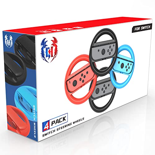 4 Pack Switch Steering Wheel Compatible with Mario Kart 8 Deluxe, GH Racing Wheel Accessories Compatible with Nintendo Switch/Switch OLED Joy Con Controller (Black x2, Red and Blue)
