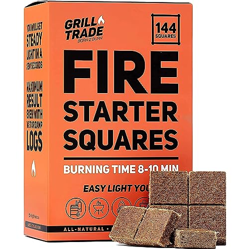 Grill Trade Fire Starter Squares 144, Easy Burn your BBQ Grill, Camping Fire, Wood Stove, Smoker Pellets, Lump Charcoal, Fireplace - Fire Cubes are The Best Barbeque Accessories -100% All Natural