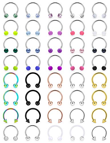 Ftovosyo 40Pcs 16G Surgical Steel Nose Septum Rings Piercing Jewelry Horseshoe Cartilage Helix Tragus Earring Hoop Eyebrow Lip Hoop Retainer for Women Men 8mm 5/16 Inch Silver Black