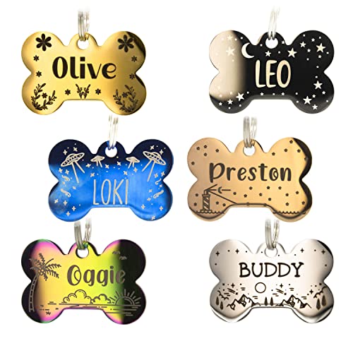 Personalized Dog Tag with 5 Lines of Custom Deep Engraved Durable Stainless Steel Pet ID Name Tag Designer Regular Size Bone