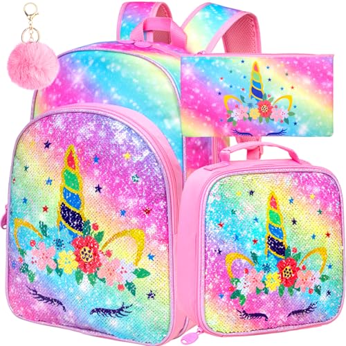 CCJPX 3PCS Unicorn Backpack for Girls, 16” Kids Sequin Bookbag and Lunch Box for Kindergarten Elementary