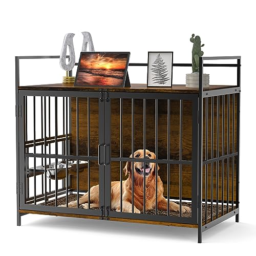 ROOMTEC 48 Inch Furniture Style Large Dog Crate with Two 360° & Adjustable Bowls, End Table Dog House,Large Dog Kennels Indoor Use for Large Dog
