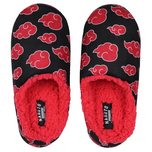Bioworld Naruto Shippuden Fuzzy Slippers, Naruto Akatsuki Red Cloud Fleece Lined Slippers For Men For Women, House Slippers for Indoors (Large/X-Large)