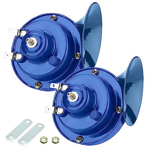 GKmow Pack-2 300DB Super Loud Train Horn, 12V Security Alarm Waterproof Speaker, Car Air Electric Snail Double Horn Replacement Kit, Fits for Most Cars Motorcycle, Truck, Bike (Blue)