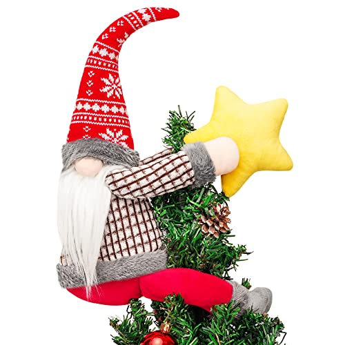 Gnomes Christmas Tree Topper Decorations Gift, Handmade Large Plush Dwarf Ornaments with Star Red Plaid Hat Xmas Home Holiday Party Decor Scandinavian Swedish, Curtain Tie Wine Bottle Decoration