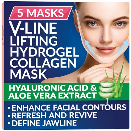 Stylia Double Chin Mask - V Line Chin Strap - Toning Hydrogel Collagen Face Mask with Hyaluronic Acid & Aloe Vera - 5PC