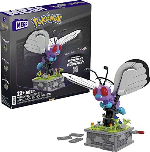 Mega Pokémon Building Toys, Motion Butterfree Collectible with Mechanized Movement and Display Case for Adult Builders and Collectors