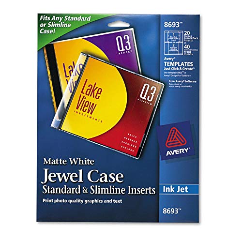 Avery 8693 Inkjet Cd/Dvd Jewel Case Inserts, Matte White, 20/Pack