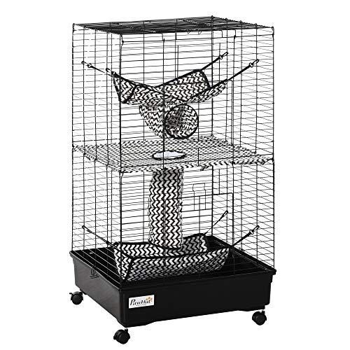 PawHut 42' Ferret Cage, Small Animal Habitat Metal Pet Cage with Wheels Brakes, Hammocks, Hanging Tunnels, and 3 Doors, Black