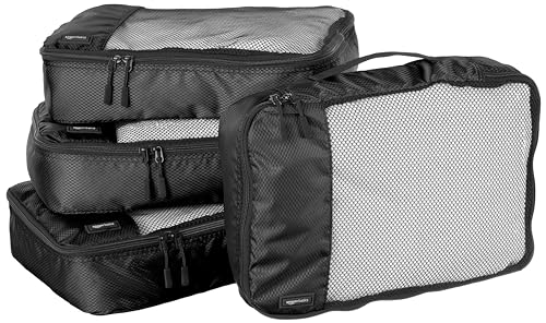 Amazon Basics 4 Piece Packing Travel Organizer Zipper Cubes Set, Medium, Black