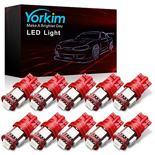 Yorkim 194 LED Bulbs Red Super Bright Newest 5th Generation, T10 LED Bulbs, 168 LED Bulb, LED Bulbs for Car Interior Dome License Plate Map Door Courtesy Lights W5W 2825, Pack of 10
