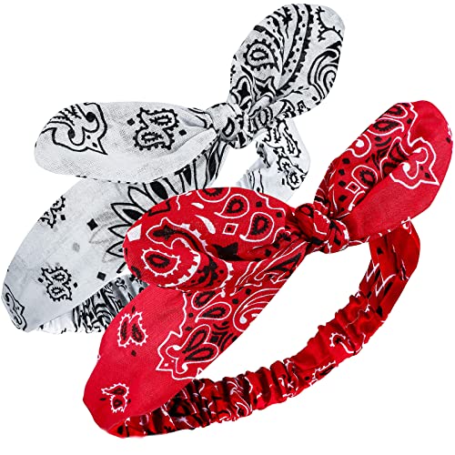 2 Pieces Bandana Headband for Women and Girls, Knot Retro Print Headbands Paisley Print Headband Headwrap Adjustable Headwrap (Red, White)