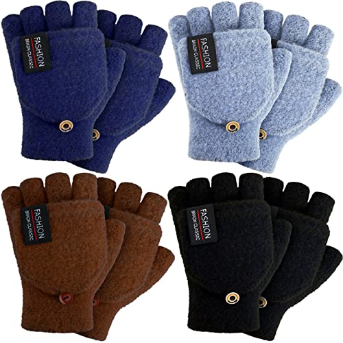 SATINIOR 4 Pairs Fingerless Gloves with Cover Convertible Mittens Knitted Gloves for Women Men (Navy Blue, Black, Coffee, Light Blue) One Size