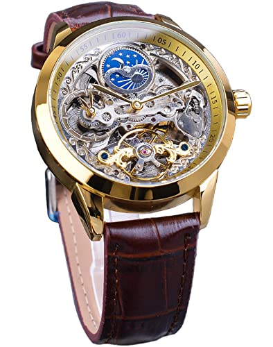 FORSINING Men's Skeleton Moon Phase Watch Mechanical Self-Wind Tourbillon Dual Time Zone Watches Automatic Luxury Leather Strap Large Dial Wristwatch, Gold