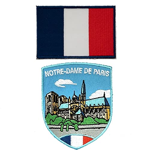 A-ONE - Cathédrale Notre Dame de Paris Shield Patch+France Flag Patch, Landmar with Flag, Notre Dame Full View, Patch for Jacket and Bags, Landmark Sew-on Iron-on Badge NO.201C