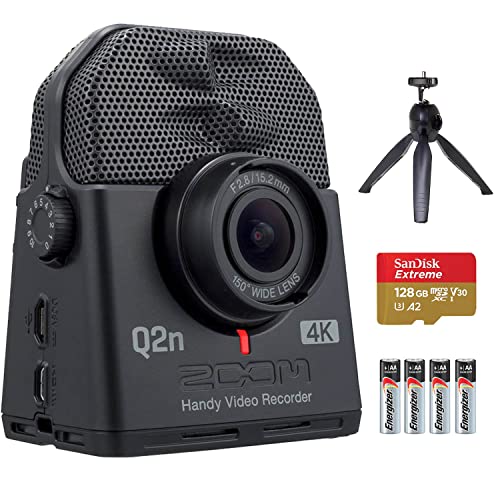 Zoom Q2n-4K Ultra High Definition Handy Video Recorder with Table Tripod Hand Grip, and SanDisk 128GB Extreme microSDXC Card and Energizer Premium Max AA Batteries