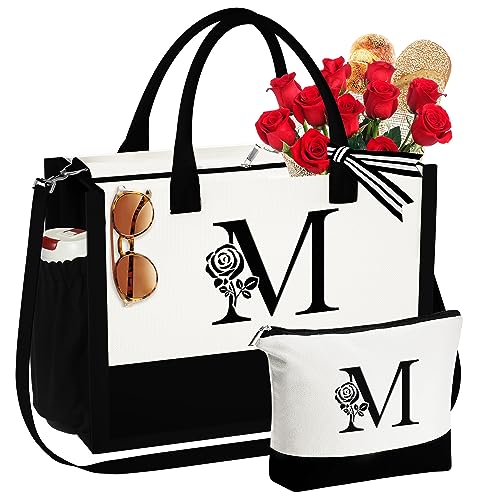 YOOLIFE Christmas Gifts for Women - Gifts for Women Teacher Appreciation Gifts for Women Initial Beach Tote Bag Makeup Birthday Gifts for Women Mom Sister M Letter Initial Tote Bag Gifts for Women