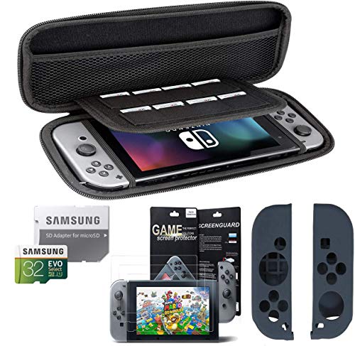 Protective Carrying Case + Samsung 32GB 80MB Micro SD + Grey Joycon Silicone Skin Cover + Screen Protector for Nintendo Switch Accessory Pack
