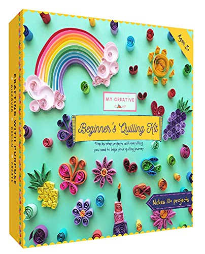 MY CREATIVE CAMP Beginner's Quilling Kit - DIY Craft Kit for Kids and Adults - 10 Projects with Instructions, Storage Box, Gem Stickers, Tools, Supplies, Paper Strips, Shape Chart, and Reference Guide