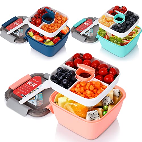 Vivimee 3 Pack Salad Containers To Go, 52 Oz & 38 Oz Large Containers, 3-Compartment with Dressing Container, Built-in spoon, Reusable Salad Bowl for Lunch, Fruit, Snack