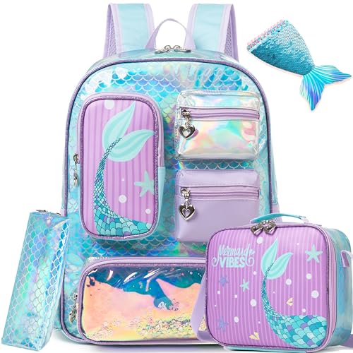 Meetbelify Mermaid Backpack for Girls Backpack with Lunch Box Pencil Case for Elementary Student Kids School Bag for Girls Ages 6-8 Years Old