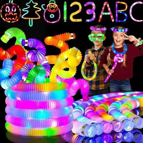 Jishi 24pk Glow Sticks Party Favors Kids Stocking Stuffers Christmas Gifts for Kids Birthday, Light Up Pop Tubes Fidget Toys for Kids Ages 3+ Year Old Boys Girls, LED Neon Glow in Dark Party Supplies