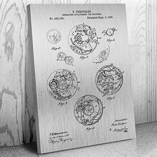 Patent Earth Watch Repeating Mechanism Canvas Print, Watchmaker Gift, Jewelry Store Art, Watch Blueprint, Clock Shop Art, Retro Watch Brushed Steel (8 inch x 10 inch)