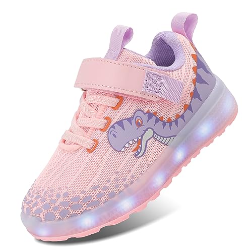 SKASO Toddler Light Up Shoes Led Shoes with Hook and Loop Toddler Girl Shoes Comfortable Non Slip Dinosaur Sneakers Pink Toddler Size 8