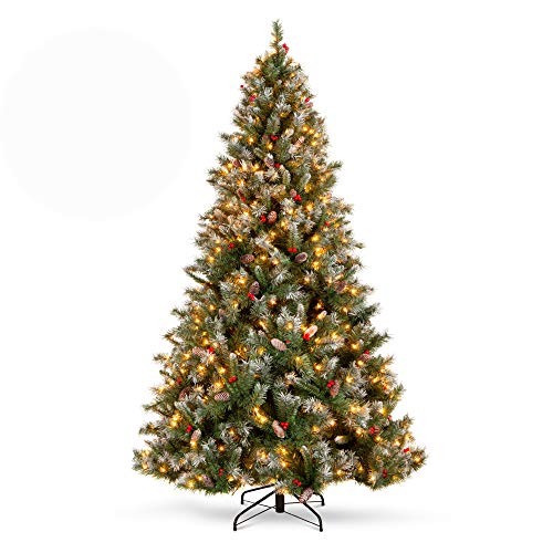 Best Choice Products 6Ft Pre-lit Pre-Decorated Pine Hinged Artificial Christmas Tree w/ 818 Flocked Frosted Tips, 58 Pine Cones, 58 Berries, 250 Lights, Metal Base