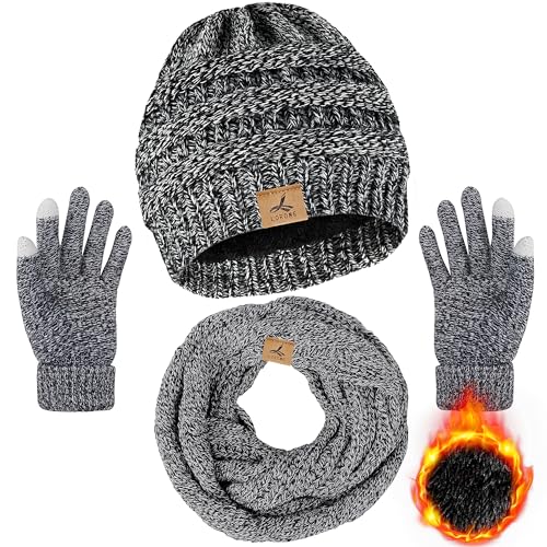Winter Beanie Hat Scarf Gloves, Warm Fleece Knit Winter Hats Touch Screen Gloves Neck Scarf Set Winter Gifts for Unisex Adult Black and White