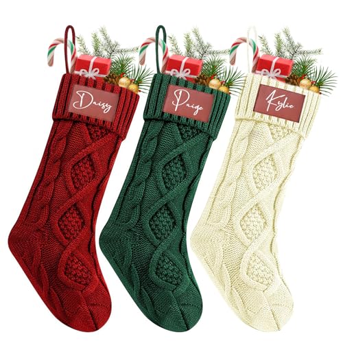 Dreamdecor Personalized Christmas Stockings with Names Monogram, 18” Large Family Knitted Xmas Stocking with Leather Nameplate for Kids, 1 Pack Customized Christmas Stockings for Fireplace Holiday