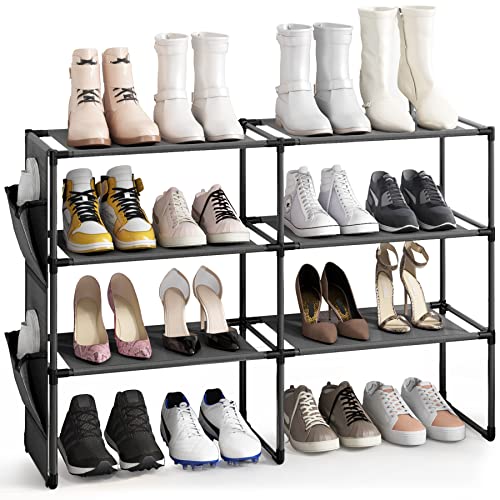 Amazer 4 Tiers Shoe Rack for Closet, Shoe Storage Organizer for 16-20 Pairs of Shoes, Shoe Shelf with Removable Pocket for Entryway Bedroom Hallway, 34.6x11x21.4 Inches (Black)