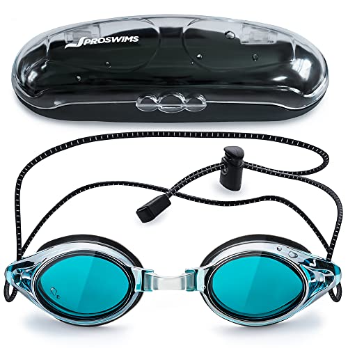 Proswims Anti-Fog Racing Swimming Goggles Blue Lens with Quick Adjustable Elastic Bungee Strap, Hard Case and Bonus Swim Goggles Microfiber Cleaning Cloth