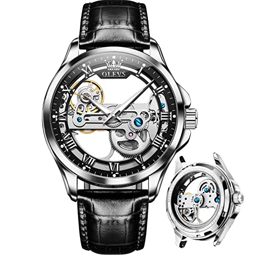 OLEVS Automatic Watches for Men Watch Men Luxury Black Leather Watch Wind Up Mechanical Watch Sliver Steel and Leather Skeleton Mens Watches Self Winding Men's Wrist Watches,reloj para Hombre