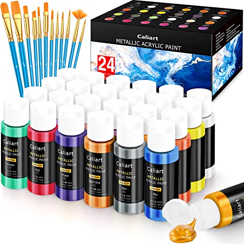 Caliart Metallic Acrylic Paint Set with 12 Brushes, 24 Colors (59ml, 2oz) Art Craft Paints for Artists Students Kids Beginners, Halloween Decorations Canvas Ceramic Wood Rock Painting Art Supplies Kit
