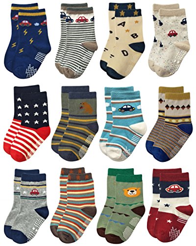 RATIVE Non Skid Anti Slip Cotton Crew Baby Babies Toddler Toddlers Socks for Boy Boys 2T 3T 2T-3T 12-24 12-18 Months With Grip Grippers (1-3T,12-pairs/RB-71215)