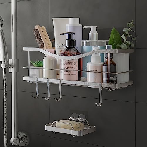 KINCMAX Shower Caddy Basket Shelf & Soap Dish Set (with Hooks)- Adhesive Drill-Free Bathroom Organizer - Shower Storage Shelves for Inside Shower w/Hooks for Accessories (Polished Silver)