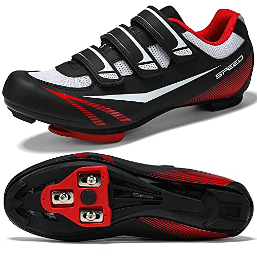 Unisex Mens Womens Road Bike Cycling Shoes,Indoor Bike Shoes Compatible with Look Delta/SPD Cleats,Perfect for Road Racing Bikes-3 Straps Black and Red