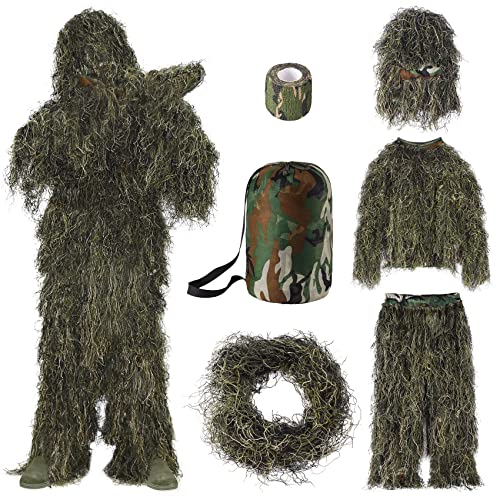 Seeutek Ghillie Suit 6 in 1 Gilly Suit, 3D Camouflage Hunting Apparel Gillie Suit Bush Costume Including Jacket, Pants, Hood, Carry Bag and Camo Tapes, Suitable for Kids/Men Hunting, Halloween Costume