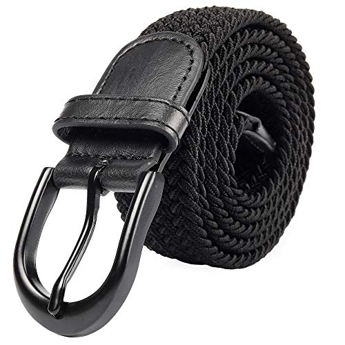 Mile High Life | Braided Stretch Elastic Belts | Pin Oval Solid Black Belt Buckle | PU Loop End Tip Men/Women/Junior