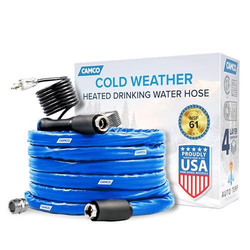 Camco 25-Ft Heated Water Hose for RV - Water Line Freeze Protection Down to -20°F/-28°C - Features Energy-Saving Thermostat & Includes Adapter for Connection to Either End of Hose (22911)