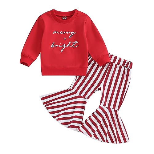 Kupretty Baby Girl Winter Clothes Santa Baby Long Sleeve Crewneck Sweatshirts Flare Pants Set Toddler Christmas Outfits (Merry+bright-Red Plaid, 12-18 Months)