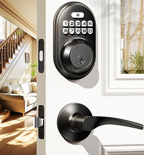 Veise Keyless Entry Door Lock with 2 Lever Handles - Electronic Keypad Deadbolt, Auto Lock, Back Lit & Easy Installation Design, Front Door Handle Sets,Matte Black
