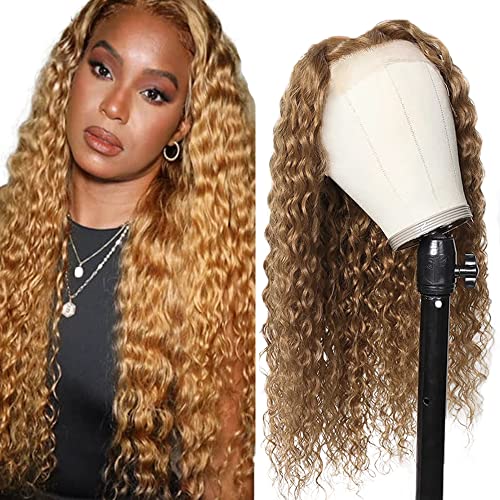 #27 Honey Blonde Lace Front Wigs Human Hair 26 Inch Water Wave Wig 4X4 Lace Closure Wig 150% Density Pre Plucked With Baby Hair Blonde Ginger Wig For Black Women
