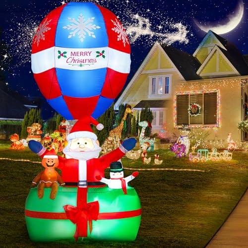 Winpull 9Ft Christmas Inflatables Outdoor Decorations, LED Lighted Santa with Gingerbread Man and Snowman, Gift Box with Giant Balloon Blow Up Yard Decoration for Xmas