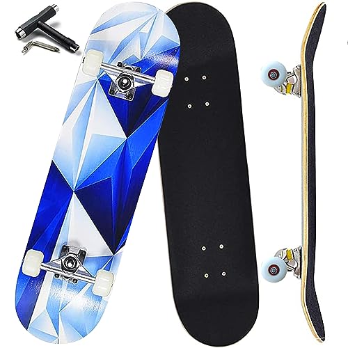 Anyfun Pro Complete Skateboards for Beginners Girls Boys Kids Youths Teens Adults 31'x8' Skate Boards 7 Layers Canadian Maple Double Kick Deck Concave Longboard（Blue Ice）